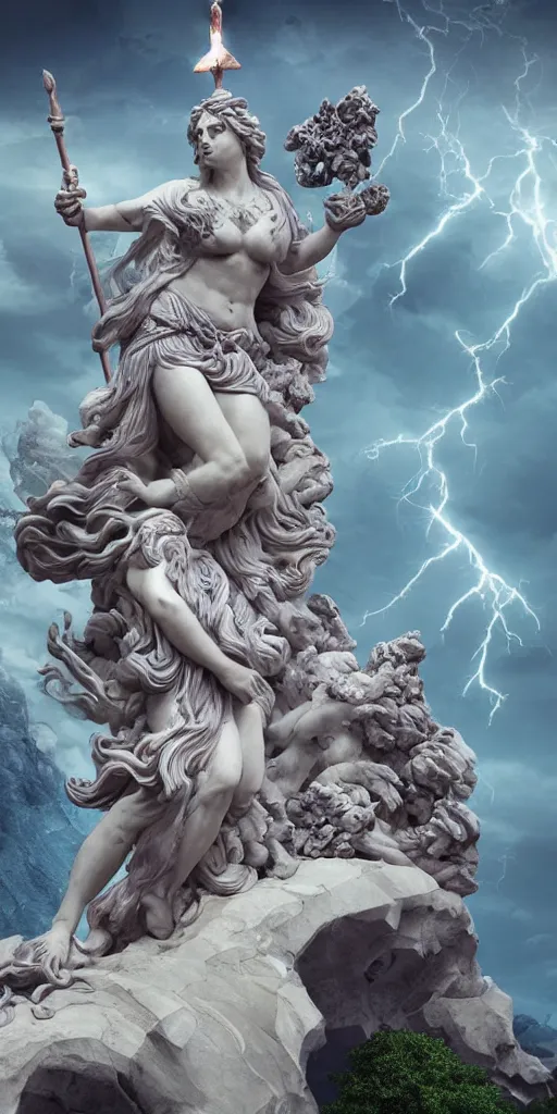 Image similar to gigantic marble statue of the goddess of the sea wielding a trident on an island. roiling waves at the base. scene lit by lightning. thunderclouds in the background. fantasy setting. magicians praying to the statue. purples and greens. fantasy aesthetic. extremely detailed. 4 k. digital art.