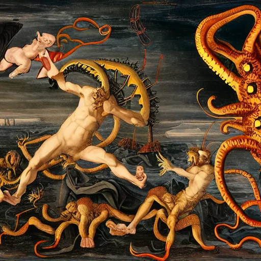 Prompt: apocalyptic scenario of a flying kraken made of silicon, renaissance style painting