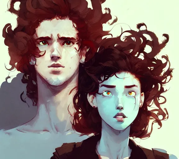 Image similar to portrait men with red curly hair and bright eyes atey ghailan, by greg rutkowski, by greg tocchini, by james gilleard, by joe fenton, by kaethe butcher, by ashley wood, dynamic lighting, gradient light blue, brown, blonde cream and white color scheme, grunge aesthetic