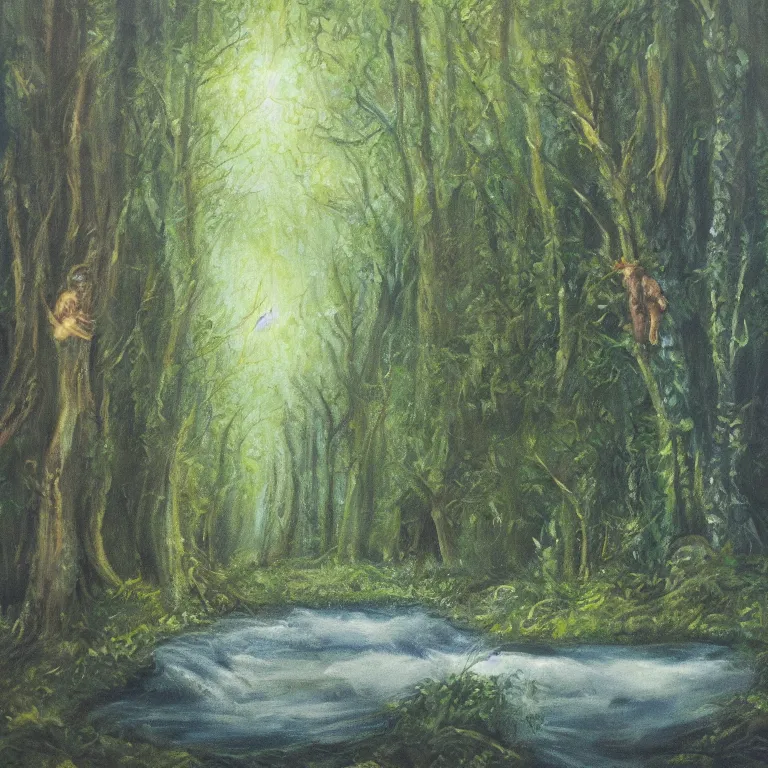 Image similar to light oil painting of a forest with a stream running down the middle with tiny female woodland sprites dancing, anatomically correct