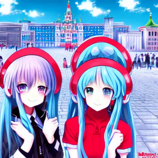 Image similar to hatsune miku on the moscow red square, high detailed anime art, trending on pixiv