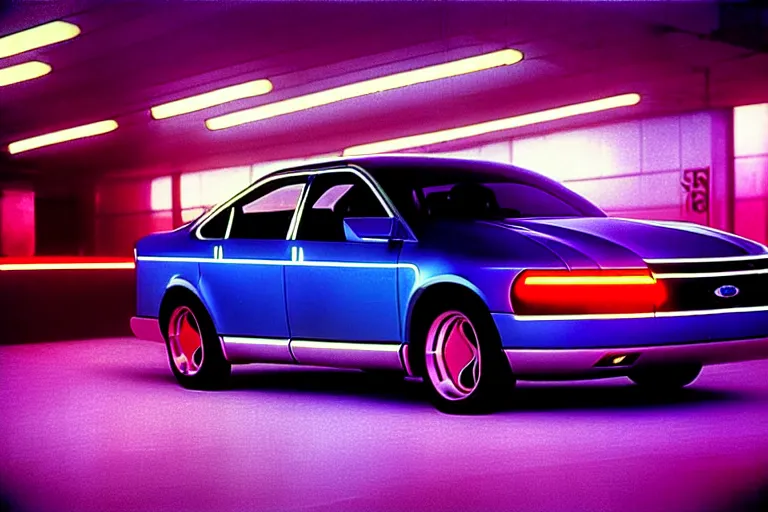 Prompt: stylized poster of a single ford taurus sho concept, thick neon lights, ektachrome photograph, volumetric lighting, f 8 aperture, cinematic eastman 5 3 8 4 film