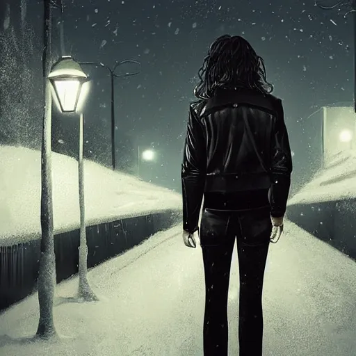 Image similar to by alexander trufanov by artgerm by simon stalenhag young man from back pacing lowering head dressed in short leather bomber jacket to empty narrow alley with street lamps in park with pines to the horizon,, with hands in pockets, snowfall at night, mullet long haircut, black hairs, cinematic, dramatic, detailed, realistic, movie shot, low lighting