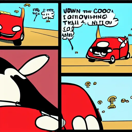 Image similar to cow driving a car, comics style, 4 k