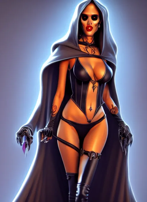 Image similar to Jessica Alba as Lady Death from coffin comics in the style of Dreamworks Animation Studios, CGIsociety, au naturel, hyper detailed, digital art, trending in artstation, cinematic lighting, studio quality, smooth render, unreal engine 5 rendered, octane rendered