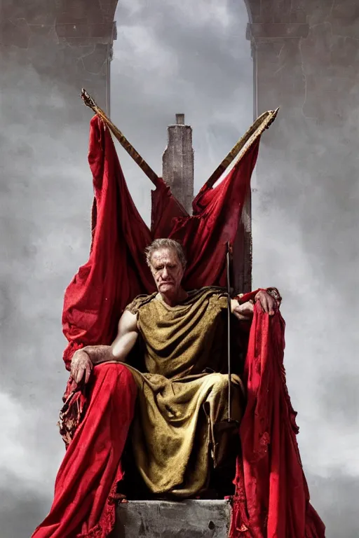 Prompt: a tired, lonely and broken julius caesar is sitting on his throne. face is highly detailed. splices of red are running down his toga. mist. color scheme red and gold. soft light. low angle medium shot. imagined by greg rutkowski.