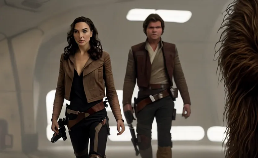 Prompt: a still of beautiful gal gadot as han solo in star wars, 8 k