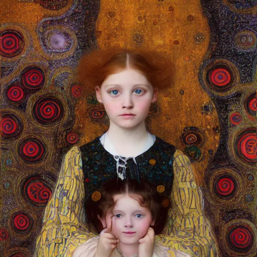 Prompt: victorian girl child in front of a gustav klimt wallpaper by android jones, detailed matte painting, 8k resolution