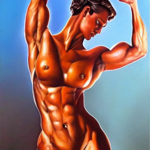 Prompt: fitness model kristen nun as painted by boris vallejo and julie bell, oil on canvas