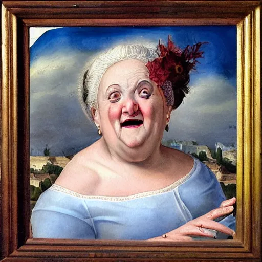 Image similar to a very funny stylize oil painting in renaissance style of a sweet fat old woman kissing her reflection. symmetry face, red mouth, blue eyes. flowery dress. hyper realistic scene. 3 d, octane render, deep focus, white scene. very funny and sweet image. unreal engine. watercolor. fellini style. poster quality. da vinci painting style.