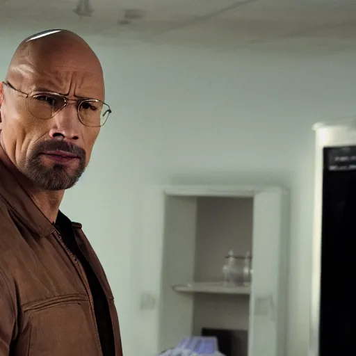 Image similar to Dwayne The Rock Johnson as Walter White in 'Breaking Bad' (2012), movie still frame, oscar nominated cinematography, volumetric lighting, 8k resolution, beautiful composition