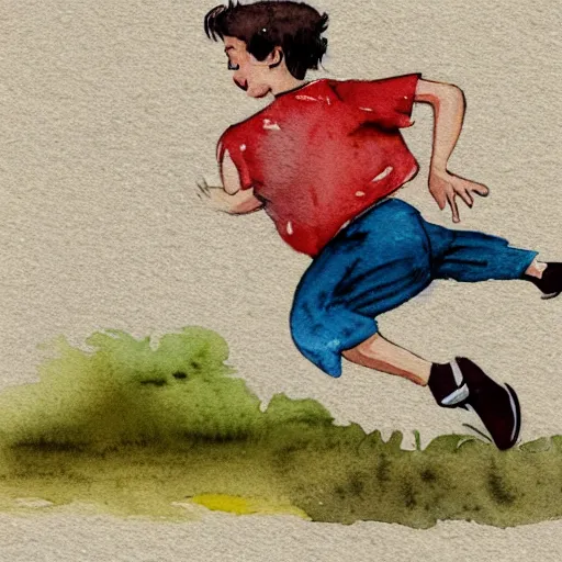 Prompt: vintage watercolor illustration style of a boy running