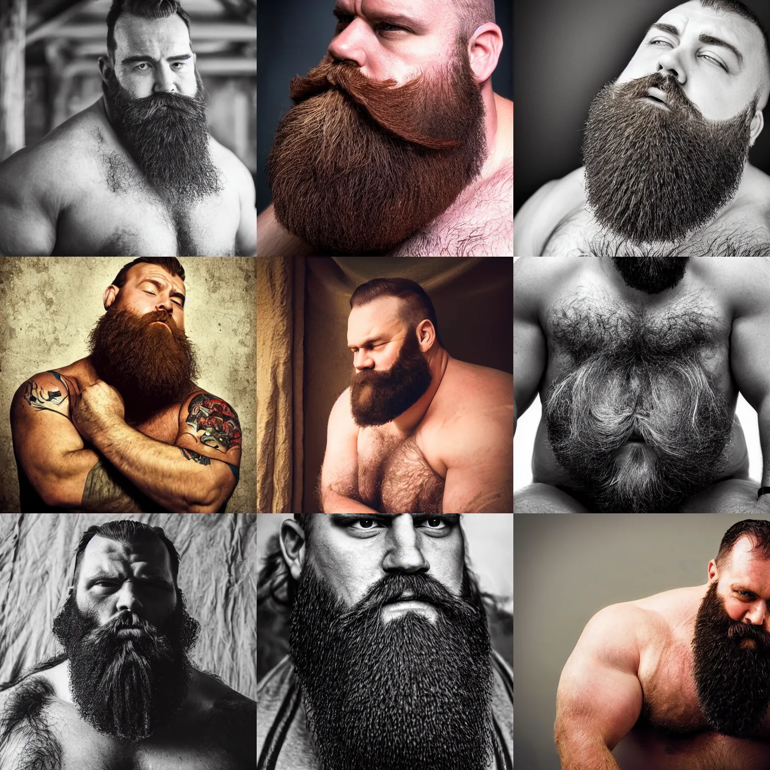 Prompt: burly massive hairy strongman caressing his beard contemplatively, photograph, stylized, highly detailed, high resolution, epic, dark fantasy