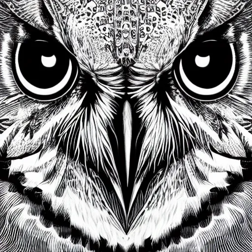 Image similar to black and white illustration head of a owl, super detailed, by dan mumford, by adams ansel, high contrast, monochromatic