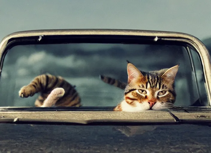 Image similar to A very high resolution image from a new movie, a cat driving a car around, inside of a car , mountains, Polaroid, directed by wes anderson