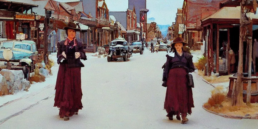 Prompt: beautiful-woman in a crowded old-west-mountain-town Main Street in the style of Fredric Remington