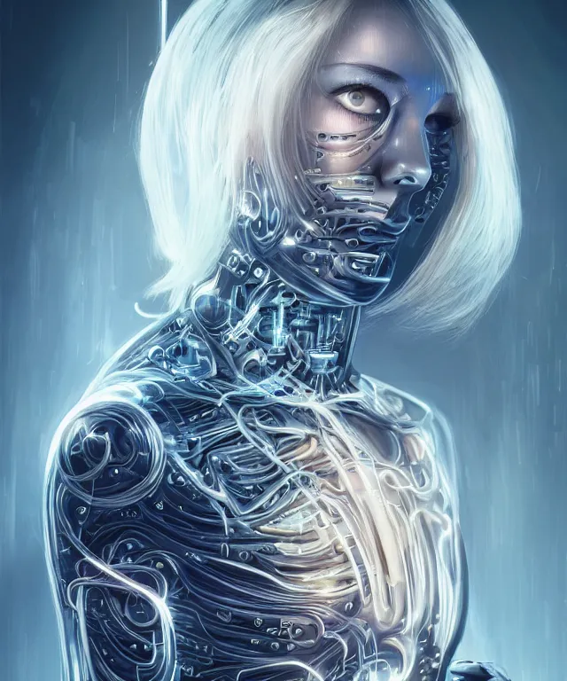 Image similar to a woman turning into an Android portrait wearing a part cybernetic body, surrealism , scifi, intricate, elegant, sharp eyebrows, ornate long flowing blonde hair, highly detailed cybernetic body, neon glowing eyes, digital painting, artstation, concept art, smooth, sharp focus, illustration, art by Artgerm and moebius and Peter Mohrbacher