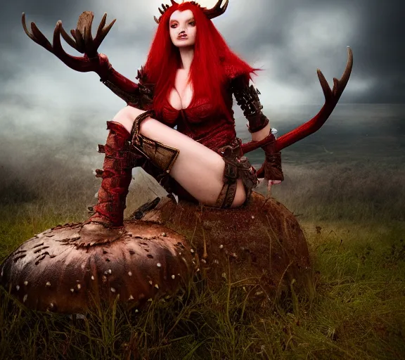 Image similar to a photo of an armored woman warrior redhead with antlers sitting on a giant red cap mushroom that covers a whole village and reaches above the clouds by luis royo. intricate. lifelike. soft light. sony a 7 r iv 5 5 mm. cinematic post - processing