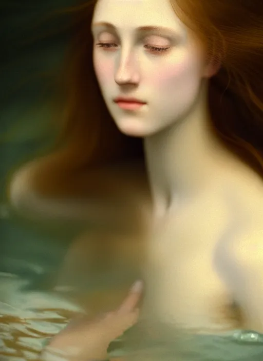 Image similar to Kodak Portra 400, 8K, ARTSTATION, Caroline Gariba, soft light, volumetric lighting, soft blur lighting background, highly detailed, britt marling style 3/4 , extreme Close-up portrait photography of a beautiful woman how pre-Raphaelites by Giovanni Gastel with her eyes closed,inspired by Ophelia paint, the face emerges from water of Pamukkale, underwater face, hair are intricate with highly detailed realistic beautiful brunch and flowers , Realistic, Refined, Highly Detailed, interstellar outdoor soft pastel lighting colors scheme, outdoor fine art photography, Hyper realistic, photo realistic