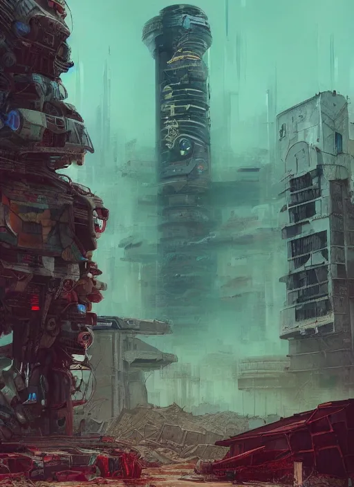 Prompt: a painting of a giant robot standing in front of a post apocalyptic city ruins, cyberpunk art by beeple, artstation hd, nuclear art, dystopian art, apocalypse art, sci - fi