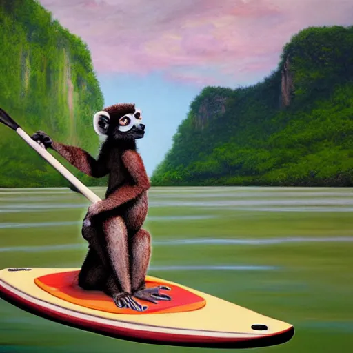 Prompt: a realistic oil paintig of a human - sized lemur on a stand up paddleboard floating down the middle of a river with cliffs on either side, digital art, highly detailed, landscape art, rule of thirds, summer lighting