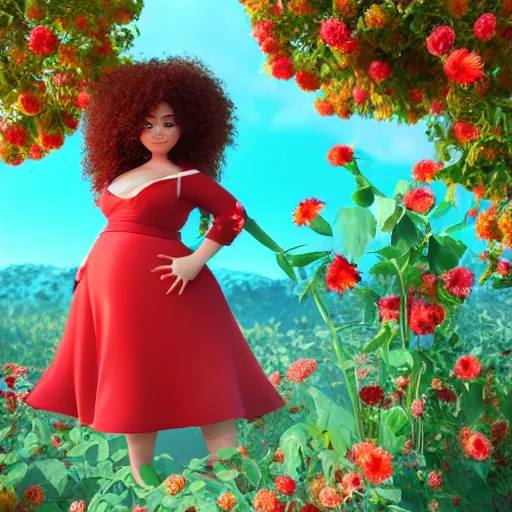 Prompt: 3d rendered gorgeous red haired woman with big curly hair and freckles, curvy figure wearing dress with flower print, Pixar CGI , octane render, sharp details, bloom, 8k resolution, OLED, trending on artstation