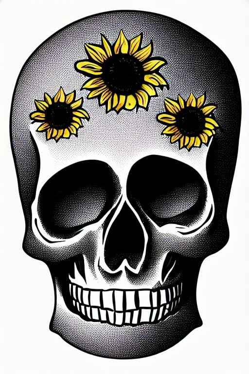 Prompt: sunflower skull head, spooky halloween theme, illustration line art style