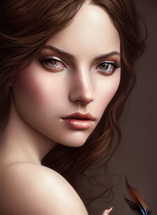 Prompt: a gorgeous female photo, professionally retouched, soft lighting, wearing a feather dress, realistic, smooth face, perfect eyes, wide angle, sharp focus on eyes, 8 k high definition, insanely detailed, intricate, elegant, art by artgerm and greg rutkowski and stefan kostic