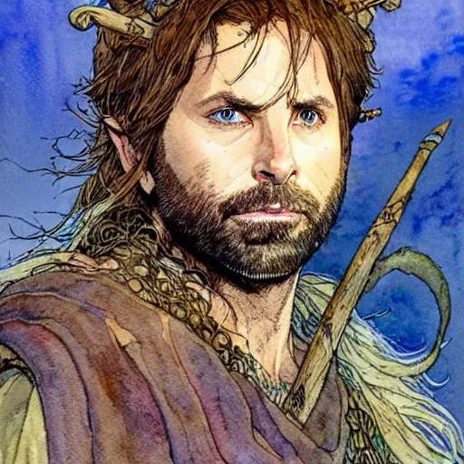 Image similar to a realistic and atmospheric watercolour fantasy character concept art portrait of charlie day as a druidic warrior wizard looking at the camera with an intelligent gaze by rebecca guay, michael kaluta, charles vess and jean moebius giraud