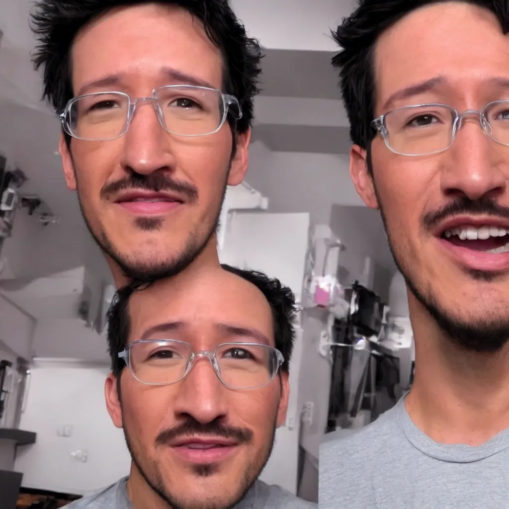 Prompt: close - up photo of markiplier with an absurdly large chin, clear eyes looking into camera, livestream screenshot