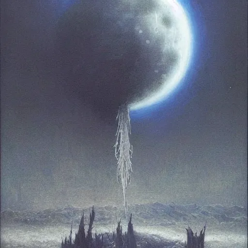 Image similar to surreal, nuclear blast moon eclipse, sci - fi, wet brush, poster art, concept art by beksinski and jean delville, illustrated in the style of iain mccaig