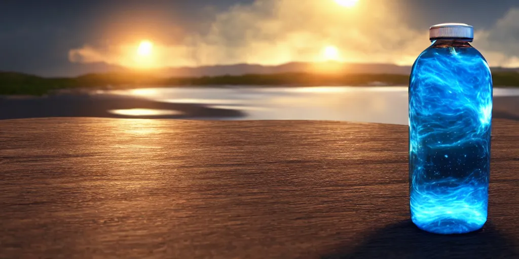 Image similar to a supernova inside a water bottle on a wooden table, hyperrealistic, concept art, octane render, unreal engine 5, trending on artstation, high quality, highly detailed, 8 k hdr, soft lighting, path traced, a beach at sunset in the background, bloom, high coherence, symmetrical, high contrast, digital art, serene landscape, cinematic