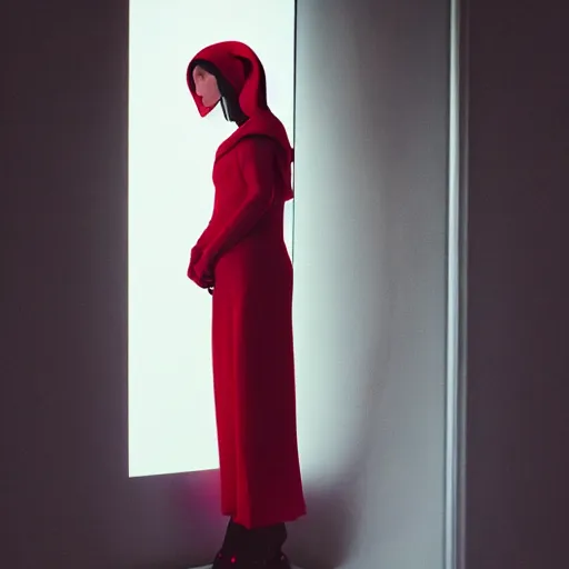 Image similar to Fashion photography of a woman wearing a futuristic outfit inspired by The Handmaid’s Tale (2017), intricate, artistic photography, cinematic lighting, insanely detailed, cinestill 800t, Vogue magazine