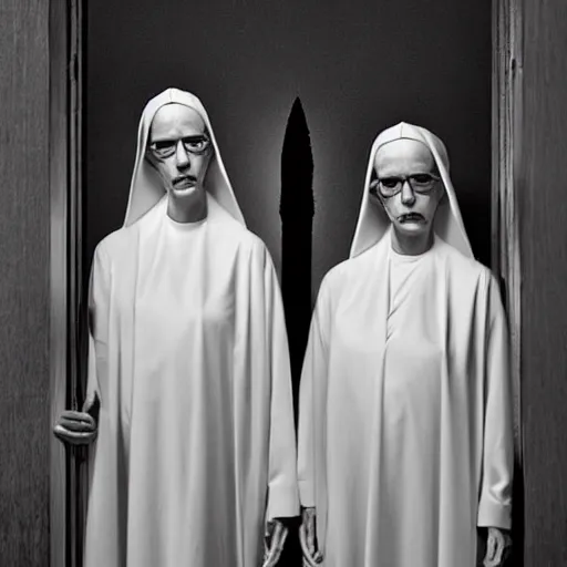 Image similar to award winning photo Floating twin nuns wearing translucent habits Very long arms, in a sanctuary, eerie, frightening —width 1024 —height 1024