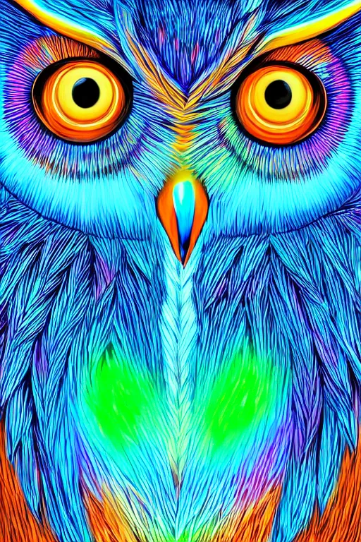 Image similar to glowing owl, blue and orange colours, highly detailed, digital art, sharp focus, trending on art station