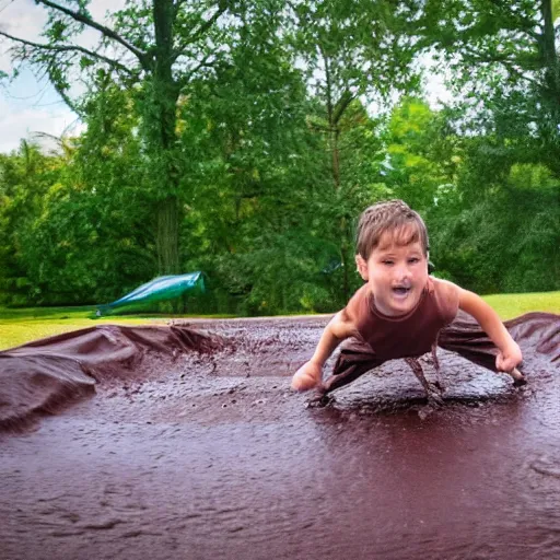 Prompt: kid going down chocolate pudding slip n slide head first, photo taken at the park