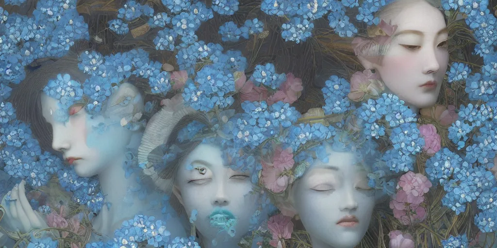 Image similar to breathtaking detailed concept art painting art deco pattern of faces goddesses of light - blue flowers with anxious piercing eyes and blend of flowers and birds, by hsiao - ron cheng and john james audubon, bizarre compositions, exquisite detail, extremely moody lighting, 8 k