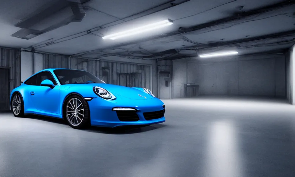 Prompt: photograph of a blue porsche 911 standing in a garage, centered, mist, volumetric light, cinematic lighting, octane render, 4k, ultra realistic, reflections, cinematic