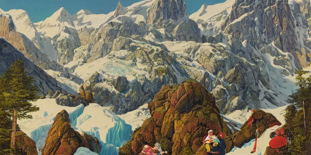 Prompt: beautiful idyllic poster illustration for a craggy ice valley national park by ludwig hohlwein, ludwig hohlwein, with close - up of grandma photorealistic eating crayons photoshopped into it