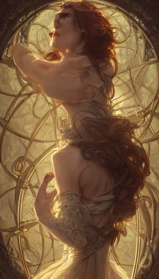 Prompt: twisted fairytale, fibonacci, sweat drops, insane, intricate, highly detailed, digital painting, artstation, concept art, smooth, sharp focus, illustration, Unreal Engine 5, 8K, art by artgerm and greg rutkowski and alphonse mucha