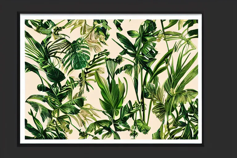 Prompt: photorealistic print of exotic, elegant tropical prints, isolated in a black background : : green surreal plants, golden flowers, art nouveau, trending on artstation