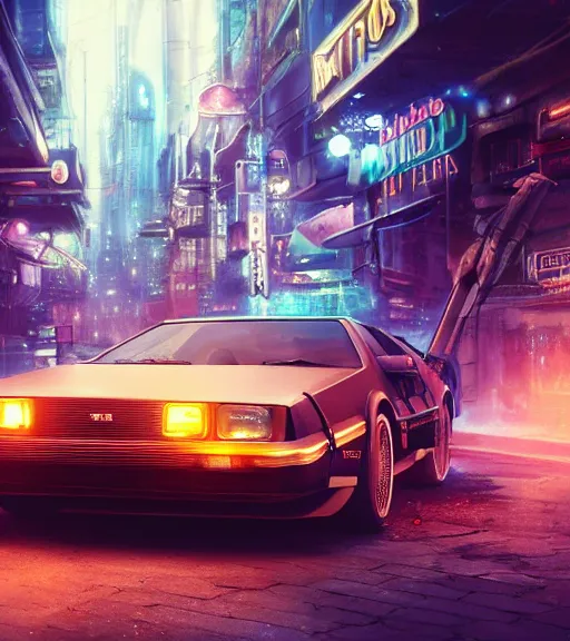 Image similar to steampunk delorean in a cyberpunk city, neon signs, futuristic, realistic, 8 k, extremely detailed, cgi, trending on artstation, hyper - realistic render, 4 k hd wallpaper, premium prints available, by greg rutkowski
