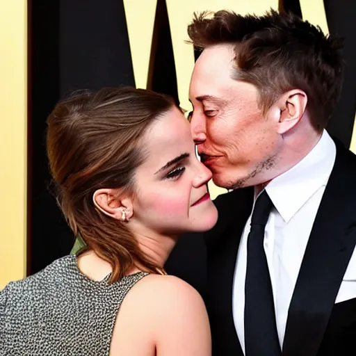 Image similar to emma watson and elon musk on a local newspaper caught kissing