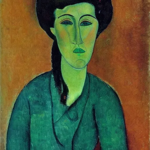 Prompt: beautiful portrait of a woman who is green with envy by amedeo modigliani