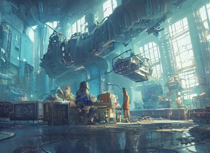 Image similar to inside a big cyberpunk manufactury, unreal engine, fantasy art by greg, loish, rhads, ferdinand knab, tom bagshaw, makoto shinkai and lois van baarle, rossdraws, ilya kuvshinov, night lighting, trending on studio ghibli, highly detailed, 8 k, octane render