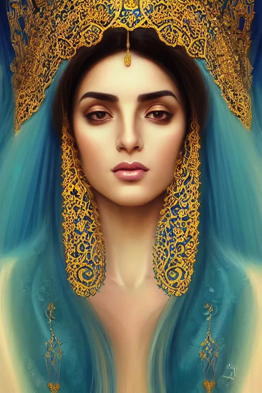 Image similar to Beautiful portrait of an attractive Persian Princess who is an architect, beautiful princess, face painting, architecture, persian style architecture, dramatic lighting, intricate, wild, highly detailed, digital painting, artstation, concept art, smooth, sharp focus, illustration, gold+yellow+white+Turquoise, art by artgerm and greg rutkowski and alphonse mucha, footage from space camera