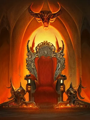 Prompt: satan siting in his throne in hell. intricate, elegant, highly detailed, digital painting, artstation, concept art, sharp focus, illustration, by justin gerard and artgerm, 8 k