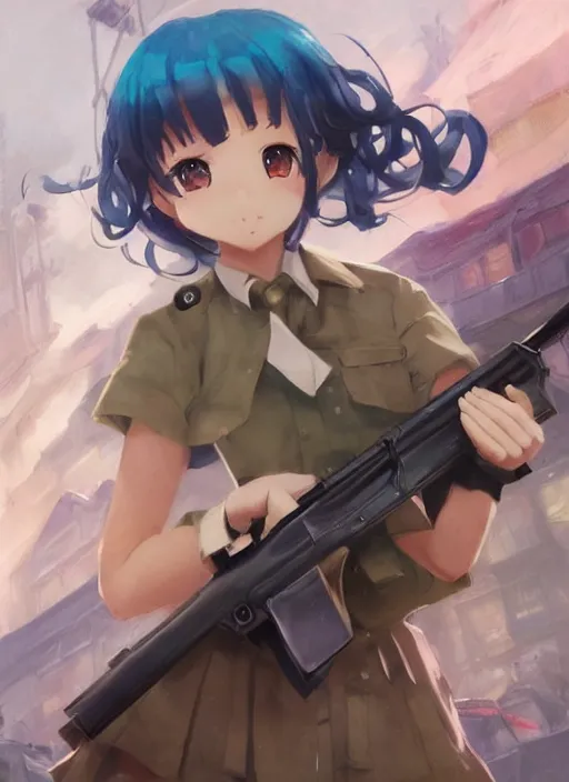 Prompt: an anime image soviet school-girl with a Turquoise hair holding an assault rifle, by Stanley Artgerm Lau, WLOP, Rossdraws, James Jean, Andrei Riabovitchev, Marc Simonetti, and Sakimichan, trending on Pixiv