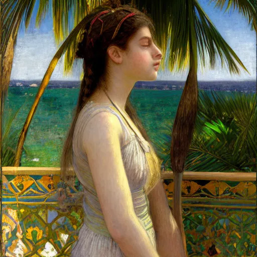 Image similar to a ultradetailed beautiful painting of a girl in the amazonas palace balustrade designed by jules bastien - lepage, hans belmer, frank weston and gustave baumann, beach, trending on artstation, mediterranean, palm trees, detailed face, sharp focus, soft light, 8 k 4 k