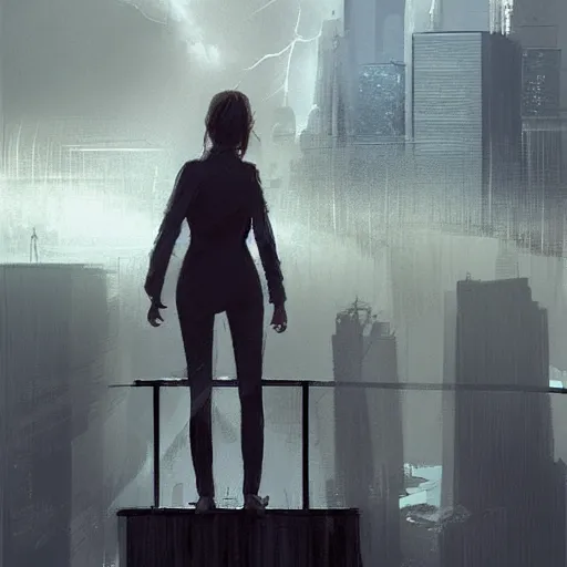 Image similar to “ a girl standing on a ledge looking down at a futuristic new york city below, storm clouds, digital art, sketches by craig mullins ”